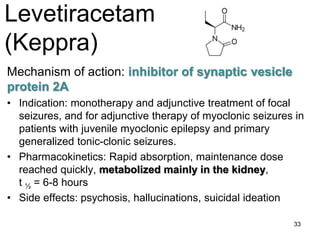 33
Levetiracetam
(Keppra)
Mechanism of action: inhibitor of synaptic vesicle
protein 2A
• Indication: monotherapy and adjunctive treatment of focal
seizures, and for adjunctive therapy of myoclonic seizures in
patients with juvenile myoclonic epilepsy and primary
generalized tonic-clonic seizures.
• Pharmacokinetics: Rapid absorption, maintenance dose
reached quickly, metabolized mainly in the kidney,
t ½ = 6-8 hours
• Side effects: psychosis, hallucinations, suicidal ideation
 