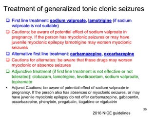 Treatment of generalized tonic clonic seizures
 First line treatment: sodium valproate, lamotrigine (if sodium
valproate is not suitable)
 Cautions: be aware of potential effect of sodium valproate in
pregnancy. If the person has myoclonic seizures or may have
juvenile myoclonic epilepsy lamotrigine may worsen myoclonic
seizures
 Alternative first line treatment: carbamazepine, oxcarbazepine
 Cautions for alternates: be aware that these drugs may worsen
myoclonic or absence seizures
 Adjunctive treatment (if first line treatment is not effective or not
tolerated): clobazam, lamotrigine, levetiracetam, sodium valproate,
topiramate
• Adjunct Cautions: be aware of potential effect of sodium valproate in
pregnancy. If the person also has absences or myoclonic seizures, or may
have juvenile myoclonic epilepsy do not offer carbamazepine, gabapentin,
oxcarbazepine, phenytoin, pregabalin, tiagabine or vigabatrin
36
2016 NICE guidelines
 