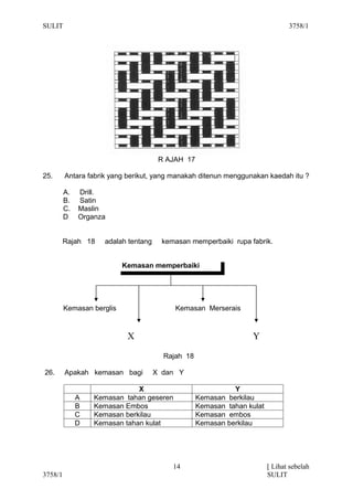 SULIT                                                                           3758/1




                                       R AJAH 17

25.      Antara fabrik yang berikut, yang manakah ditenun menggunakan kaedah itu ?

         A.   Drill.
         B.   Satin
         C.   Maslin
         D    Organza


         Rajah 18    adalah tentang     kemasan memperbaiki rupa fabrik.


                           Kemasan memperbaiki




         Kemasan berglis                   Kemasan Merserais



                            X                                     Y

                                        Rajah 18

26.      Apakah kemasan bagi          X dan Y

                              X                              Y
              A   Kemasan tahan geseren            Kemasan berkilau
              B   Kemasan Embos                    Kemasan tahan kulat
              C   Kemasan berkilau                 Kemasan embos
              D   Kemasan tahan kulat              Kemasan berkilau




                                           14                            [ Lihat sebelah
3758/1                                                                   SULIT
 