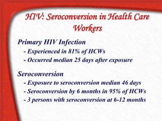 HIV: Seroconversion in Health Care
Workers
Primary HIV Infection
- Experienced in 81% of HCWs
- Occurred median 25 days after exposure
Seroconversion
- Exposure to seroconversion median 46 days
- Seroconversion by 6 months in 95% of HCWs
- 3 persons with seroconversion at 6-12 months
 