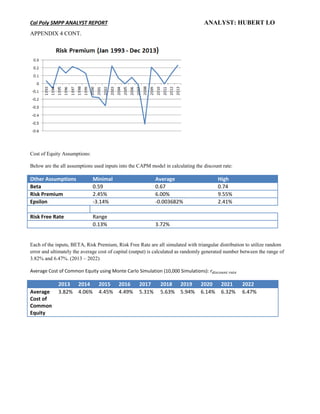 Cal Poly SMPP ANALYST REPORT ANALYST: HUBERT LO
APPENDIX 4 CONT.
Cost of Equity Assumptions:
Below are the all assumptions used inputs into the CAPM model in calculating the discount rate:
Other Assumptions Minimal Average High
Beta 0.59 0.67 0.74
Risk Premium 2.45% 6.00% 9.55%
Epsilon -3.14% -0.003682% 2.41%
Risk Free Rate Range
0.13% 3.72%
Each of the inputs, BETA, Risk Premium, Risk Free Rate are all simulated with triangular distribution to utilize random
error and ultimately the average cost of capital (output) is calculated as randomly generated number between the range of
3.82% and 6.47%. (2013 – 2022)
Average Cost of Common Equity using Monte Carlo Simulation (10,000 Simulations):
2013 2014 2015 2016 2017 2018 2019 2020 2021 2022
Average
Cost of
Common
Equity
3.82% 4.06% 4.45% 4.49% 5.31% 5.63% 5.94% 6.14% 6.32% 6.47%
 