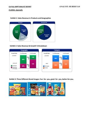 Cal Poly SMPP ANALYST REPORT ANALYST: HUBERT LO
Exhibits Appendix
Exhibit 3: Three Different Brand Images: Fun- for- you, good- for- you, better-for-you.
Exhibit 1: Sales Revenue in Products and Geographies
Exhibit 2: Sales Revenue & Growth % Breakdown
 