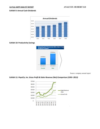 Cal Poly SMPP ANALYST REPORT ANALYST: HUBERT LO
Exhibit 9: Annual Cash Dividends
Exhibit 10: Productivity Savings
Source: company annual report
Exhibit 11: PepsiCo, Inc. Gross Profit & Sales Revenue (Net) Comparison (1993- 2013)
 