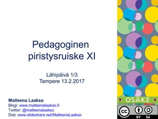 Matleena Laakso
Blogi: www.matleenalaakso.fi
Twitter: @matleenalaakso
Diat: www.slideshare.net/MatleenaLaakso
Pedagoginen
piristysruiske XI
Lähipäivä 1/3
Tampere 13.2.2017
 