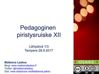 Matleena Laakso
Blogi: www.matleenalaakso.fi
Twitter: @matleenalaakso
Diat: www.slideshare.net/MatleenaLaakso
Pedagoginen
piristysruiske XII
Lähipäivä 1/3
Tampere 28.9.2017
 