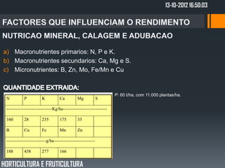 13-10-2012 16:50:03




a) Macronutrientes primarios: N, P e K.
b) Macronutrientes secundarios: Ca, Mg e S.
c) Micronutrientes: B, Zn, Mo, Fe/Mn e Cu


                                     P: 60 t/ha, com 11.000 plantas/ha.




HORTICULTURA E FRUTICULTURA
 