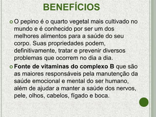 BENEFÍCIOS
 O pepino é o quarto vegetal mais cultivado no
mundo e é conhecido por ser um dos
melhores alimentos para a saúde do seu
corpo. Suas propriedades podem,
definitivamente, tratar e prevenir diversos
problemas que ocorrem no dia a dia.
 Fonte de vitaminas do complexo B que são
as maiores responsáveis pela manutenção da
saúde emocional e mental do ser humano,
além de ajudar a manter a saúde dos nervos,
pele, olhos, cabelos, fígado e boca.
 