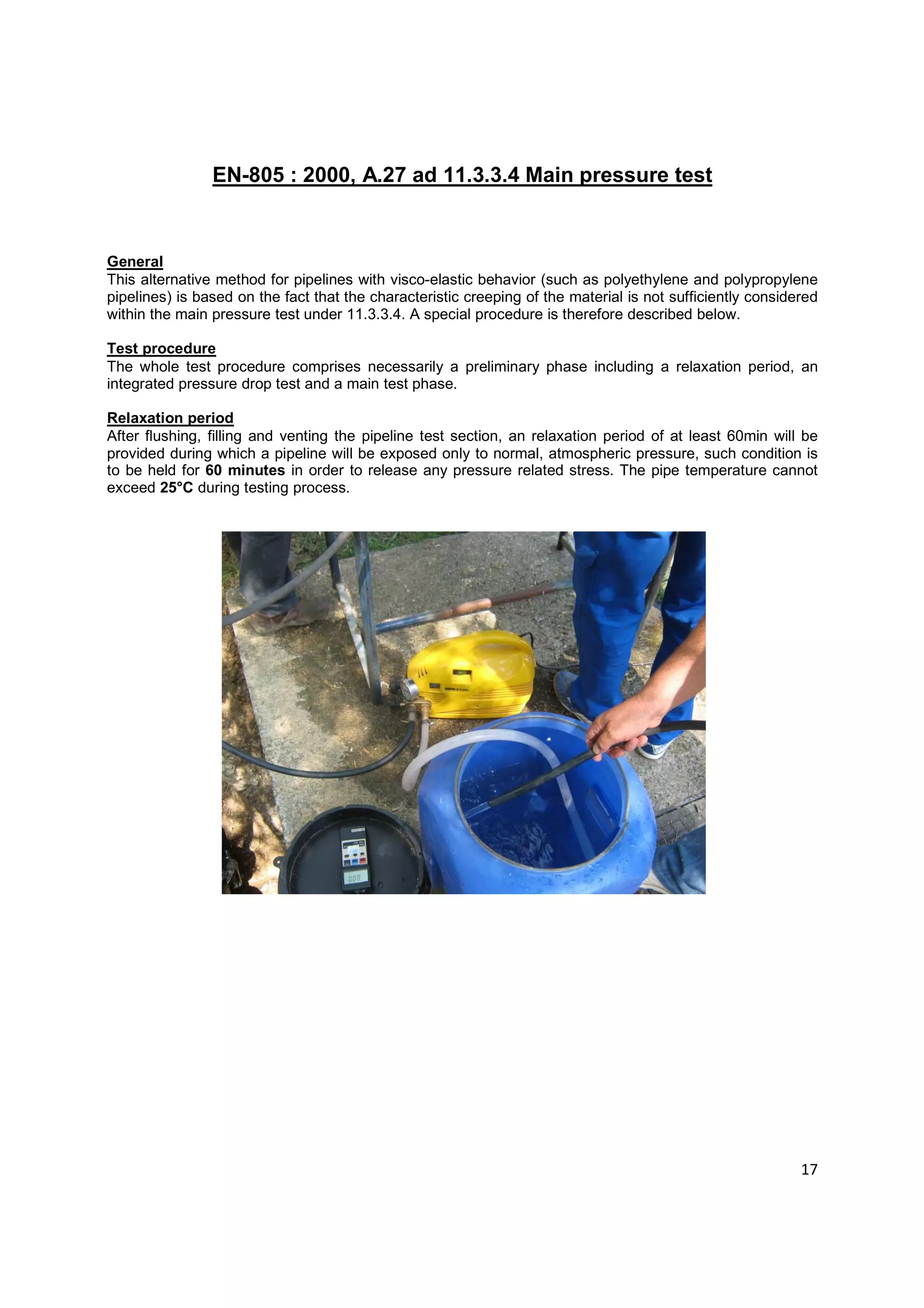 Hydrostatic pressure testing of PE pipelines (handbook) as per EN805 | PDF