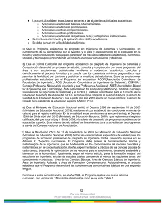 12
Los currículos deben estructurarse en torno a las siguientes actividades académicas:
o Actividades académicas básicas o fundamentales.
o Actividades académicas profesionales.
o Actividades electivas complementarias.
o Actividades electivas profesionales.
o Actividades académicas obligatorias de ley y obligatorias institucionales.
Se involucra el concepto y la aplicación de créditos académicos.
Se debe pensar en la flexibilidad académica.
c) Que el Programa académico de pregrado en Ingeniería de Sistemas y Computación, en
cumplimiento de su compromiso con el Quindío y el país y especialmente en lo estipulado en la
misión y visión institucional, trabaja para garantizar los más altos estándares académicos, científicos,
sociales y tecnológicos pretendiendo un rediseño curricular consecuente y dinámico.
d) Que el Comité Curricular del Programa académico de pregrado de Ingeniería de Sistemas y
Computación desarrolló un proceso de estudio, consulta y comparación con otros programas del
área y con asociaciones profesionales tendiente a modernizar académica, curricular y
científicamente el proceso formativo y a cumplir con los contenidos mínimos programáticos que
permitan la flexibilidad del currículo y posibilitar la movilidad del estudiante. Entre las asociaciones
profesionales estudiadas por el Programa, se encuentran ACOFI(Asociación Colombiana de
Facultades de Ingeniería), ACIS (Asociación Colombiana de Ingenieros de Sistemas), COPNIA (
Consejo Profesional Nacional de Ingeniería y sus Profesiones Auxiliares), ABET(Accreditation Board
for Engineering and Technology), ACM (Association for Computing Machinery), INCOSE (Consejo
Internacional de Ingeniería de Sistemas) y el ICFES ( Instituto Colombiano para el Fomento de la
Educación Superior). Respecto del ICFES, se tomó como referente el examen ECAES (Examen de
Calidad de la Educación Superior), que a partir del año 2010 asume un nuevo nombre: Examen de
Estado de la calidad de la educación superior SABER PRO.
e) Que el Ministerio de Educación Nacional emitió el Decreto 2566 de septiembre 10 de 2003
(Ministerio de Educación Nacional, 2003), mediante el cual estableció las condiciones mínimas de
calidad para el registro calificado. En la actualidad estas condiciones se encuentran bajo el Decreto
1295 del 20 de Abril del 2010 (Ministerio de Educación Nacional, 2010), que reglamenta el registro
calificado, del que trata la Ley 1188 de 2008, y la oferta de desarrollo de programas académicos de
educación superior. Este mismo decreto definió los lineamientos para la acreditación de programas
a través del Consejo Nacional de Acreditación.
f) Que la Resolución 2773 del 13 de Noviembre de 2003 del Ministerio de Educación Nacional
(Ministerio de Educación Nacional, 2003) define las características específicas de calidad para los
programas de formación profesional de pregrado en Ingeniería. Dicha resolución expresa en su
Artículo 2: “Aspectos curriculares. El Programa debe poseer la fundamentación teórica y
metodológica de la Ingeniería, que se fundamenta en los conocimientos las ciencias naturales y
matemáticas; en la conceptualización, diseño, experimentación y práctica de las ciencias propias de
cada campo, buscando la optimización de los recursos para el crecimiento, desarrollo sostenible y
bienestar de la humanidad”. Igualmente, según el mismo artículo, para la formación integral del
estudiante en Ingeniería, el plan de estudios básico comprende al menos las siguientes áreas del
conocimiento y prácticas: Área de las Ciencias Básicas, Área de Ciencias Básicas de Ingeniería,
Área de ingeniería Aplicada y Área de Formación Complementaria. Adicionalmente, el artículo
establece que el Programa desarrollará las competencias comunicativas básicas en una segunda
lengua.
Con base a estos considerandos, en el año 2004, el Programa realiza una nueva reforma
curricular, con un total de 178 créditos distribuidos como se ve en la Tabla 1.
 