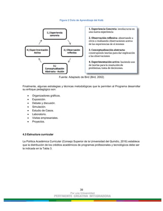 39
Figura 2 Ciclo de Aprendizaje del Kolb
Fuente: Adaptado de Bird (Bird, 2002)
Finalmente, algunas estrategias y técnicas metodológicas que le permiten al Programa desarrollar
su enfoque pedagógico son:
Organizadores gráficos.
Exposición.
Debate y discusión.
Simulación.
Estudio de Casos.
Laboratorio.
Visitas empresariales.
Proyectos.
4.3 Estructura curricular
La Política Académica Curricular (Consejo Superior de la Universidad del Quindío, 2016) establece
que la distribución de los créditos académicos de programas profesionales y tecnológicos debe ser
la indicada en la Tabla 3.
 