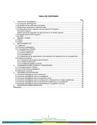 5
TABLA DE CONTENIDO
Pág.
1. CONTEXTO ACADÉMICO......................................................................................................... 9
1.1 Concepción del Programa ........................................................................................................ 9
1.2 El sentido de las reformas curriculares................................................................................... 10
1.3 Referentes nacionales e internacionales................................................................................ 14
1.4 Problemática local y regional a la cual aporta el Programa ................................................... 20
Panorama regional ................................................................................................................... 21
Estado actual del desarrollo de aplicaciones en el ámbito regional......................................... 23
1.5 Propósito general del Programa ............................................................................................. 24
1.6 El PEP.................................................................................................................................... 24
2. MISIÓN Y VISIÓN .................................................................................................................... 25
2.1 Misión...................................................................................................................................... 25
2.2 Visión ...................................................................................................................................... 25
3. RETO FORMATIVO ................................................................................................................. 27
3.1. Objetivos ................................................................................................................................ 27
3.2 Principios pedagógicos ........................................................................................................... 27
3.3 Competencias y Perfiles ........................................................................................................ 29
3.3.1 Perfil ocupacional ............................................................................................................ 29
3.3.2 Perfil profesional.............................................................................................................. 29
3.3.3 Competencias.................................................................................................................. 29
3.3.4 Mecanismos de seguimiento y de evaluación del desarrollo de las competencias ........ 31
3.4 Criterios formativos ................................................................................................................. 31
3.4.1 Excelencia del programa de formación ........................................................................... 31
3.4.2 Calidad institucional......................................................................................................... 33
3.4.3 La eficiente gestión curricular.......................................................................................... 35
4. FUNDAMENTACIÓN TEÓRICA Y PEDAGÓGICA.................................................................. 37
4.1 La fundamentación Teórica .................................................................................................... 37
4.2 Los fundamentos pedagógicos............................................................................................... 37
4.3 Estructura curricular................................................................................................................ 39
5. ACCIONES ESTRATÉGICAS .................................................................................................. 43
5.1 Acciones estratégicas para la docencia ................................................................................. 43
5.2 Acciones estratégicas para la investigación ........................................................................... 44
5.3 Acciones estratégicas para la proyección social .................................................................... 45
5.4 Acciones estratégicas para la construcción e interacción con redes académicas................. 45
5.5 Acciones estratégicas para la planificación académica y la acreditación .............................. 46
5.6 Acciones estratégicas para la administración y la gestión curricular ..................................... 50
6. REFERENCIAS BIBLIOGRÁFICAS ......................................................................................... 54
Bibliografía......................................................................................................................................... 54
 