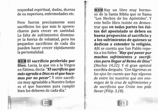 sequedad espirituál, dudas, dure za
de su superiora, enfermedades etc.
Pero fueron precisamente esos
sacrificios los que más le aprove-
charon para crecer en santidad.
La falta de sufrimientos dismintr-
ye la fu erza de voluntad, pero los
pequeños sacrificios de cada día
pueden hacer crecer rápidamente
la personalidad.
El sacrificio preferido por
Dios, Lucia, la que vio a la Virgen
en Fátima, de cía: "El sacrificio que
más agrctda a Dios es el que hace-
mos por no pecar", Y otro sacrifi-
cio muy agradable a Nuestro Señor
es el que hacemos para cumplir
bien los deberes de cada día."
Hay un libro muy hermo-
so de la Santa Biblia que se llarna
"Los Hechos de los Apóstoles". Y
este bello libro insiste en demos-
trar que en todas partes los éxi-
tos del apostolado se deben en
buena proporción al sacrificio y
alos sufrimientos de quienes se
dedican a extender la retigión.
Allí se cuenta que San Pablo repe-
tíaalos fieles: "Hay qué pasar por
muchos sufrimienüos y sacrifi-
cios pqra llegar al Reino de Dios"
(Hechos L4,22). Y el gran apóstol
escribía después: "Con lágrimas en
los ojos les cuento que hay algunos
de entre los nuestros que son ene-
migos de Ia cruz de sufrimientos y
de sacrificios que Cristo nos pide
llevar (Filip.3,1B),
 