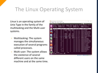 The Linux Operating System
Linux is an operating system of
Unix Type in the family of the
multitasking and the Multi-user
systems.
› Multitasking: The system
manages the simultaneous
execution of several programs
called processes.
› Multi-user: The system allows
the existence of several
different users on the same
machine and at the same time.
 