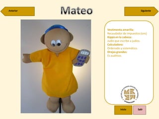 Vestimenta amarilla:
Recaudador de impuestos (oro)
Kippá en la cabeza:
Judío que escribe a judíos.
Calculadora:
Ordenado y sistemático.
Orejas grandes:
Es auditivo.
 