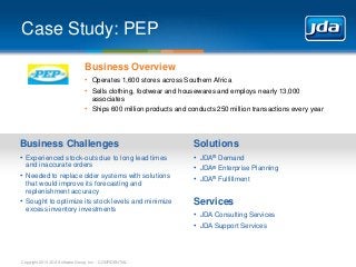 Case Study: PEP
Business Overview
• Operates 1,600 stores across Southern Africa
• Sells clothing, footwear and housewares and employs nearly 13,000
associates

• Ships 600 million products and conducts 250 million transactions every year

Business Challenges

Solutions

• Experienced stock-outs due to long lead times

• JDA® Demand
• JDA® Enterprise Planning
• JDA® Fulfillment

and inaccurate orders

• Needed to replace older systems with solutions
that would improve its forecasting and
replenishment accuracy

• Sought to optimize its stock levels and minimize
excess inventory investments

Copyright 2013 JDA Software Group, Inc. - CONFIDENTIAL

Services
• JDA Consulting Services
• JDA Support Services

 