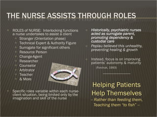 ROLES of NURSE:  Interlocking functions a nurse undertakes to assist a client Stranger (Orientation phase) Technical Expert & Authority Figure Surrogate for significant others Resource Person Change-Agent Researcher Counselor Arbitrator Teacher & More Specific roles variable within each nurse-client situation, being limited only by the imagination and skill of the nurse 