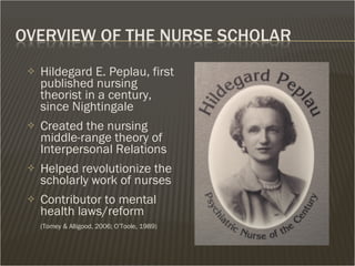 Hildegard E. Peplau, first published nursing theorist in a century, since Nightingale Created the nursing middle-range theory of Interpersonal Relations Helped revolutionize the scholarly work of nurses Contributor to mental health laws/reform (Tomey & Alligood, 2006; O’Toole, 1989) 