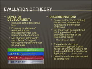  LEVEL OF
DEVELOPMENT:
 Remains at the descriptive
level
 Focusing on phases of
relationships and
interactional/inter- and
intrapersonal phenomena
 Not changed significantly
since Peplau’s original
writings were published over
50 years ago
 DISCRIMINATION:
 Peplau is clear about making
distinctions between the
nursing and the medical
profession
 But theory can be used by all
helping professions in
practically all areas of the
relationship arena
(Meiers & Sheran, 2009)
 The patients who have
overwhelming physiological
needs (or unconscious) are not
good candidates for this theory
application (Belcher, 2002)
 Use with family members would
be appropriate
 