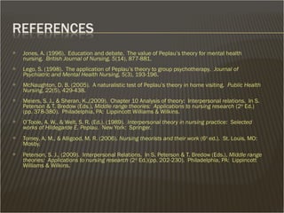  Jones, A. (1996). Education and debate. The value of Peplau’s theory for mental health
nursing. British Journal of Nursing, 5(14), 877-881.
 Lego, S. (1998). The application of Peplau’s theory to group psychotherapy. Journal of
Psychiatric and Mental Health Nursing, 5(3), 193-196.
 McNaughton, D. B. (2005). A naturalistic test of Peplau’s theory in home visiting. Public Health
Nursing, 22(5), 429-438.
 Meiers, S. J., & Sheran, K.,(2009). Chapter 10 Analysis of theory: Interpersonal relations. In S.
Peterson & T. Bredow (Eds.), Middle range theories: Applications to nursing research (2nd
Ed.)
(pp. 378-380). Philadelphia, PA: Lippincott Williams & Wilkins.
 O’Toole, A. W., & Welt, S. R. (Ed.). (1989). Interpersonal theory in nursing practice: Selected
works of Hildegarde E. Peplau. New York: Springer.
 Tomey, A. M., & Alligood, M. R. (2006). Nursing theorists and their work (6th
ed.). St. Louis, MO:
Mosby.
 Peterson, S. J., (2009). Interpersonal Relations. In S. Peterson & T. Bredow (Eds.), Middle range
theories: Applications to nursing research (2nd
Ed.)(pp. 202-230). Philadelphia, PA: Lippincott
Williams & Wilkins.
 
