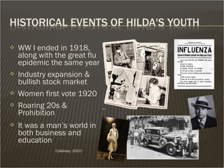  WW I ended in 1918,
along with the great flu
epidemic the same year
 Industry expansion &
bullish stock market
 Women first vote 1920
 Roaring 20s &
Prohibition
 It was a man’s world in
both business and
education
(Callaway, 2002)
 