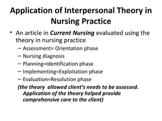 Application of Interpersonal Theory in
           Nursing Practice
• An article in Current Nursing evaluated using the
  theory in nursing practice
  – Assessment= Orientation phase
  – Nursing diagnosis
  – Planning=Identification phase
  – Implementing=Exploitation phase
  – Evaluation=Resolution phase
  (the theory allowed client’s needs to be assessed.
    Application of the theory helped provide
    comprehensive care to the client)
 