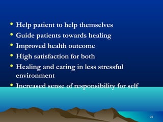 2424
• Help patient to help themselves
• Guide patients towards healing
• Improved health outcome
• High satisfaction for both
• Healing and caring in less stressful
environment
• Increased sense of responsibility for self
 