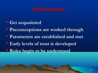 2626
OrientationOrientation
• Get acquainted
• Preconceptions are worked through
• Parameters are established and met
• Early levels of trust is developed
• Roles begin to be understood
 