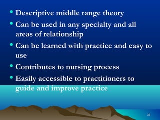 3333
• Descriptive middle range theory
• Can be used in any specialty and all
areas of relationship
• Can be learned with practice and easy to
use
• Contributes to nursing process
• Easily accessible to practitioners to
guide and improve practice
 