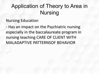 Application of Theory to Area in
Nursing
Nursing Education
- Has an impact on the Psychiatric nursing
especially in the baccalaureate program in
nursing teaching CARE OF CLIENT WITH
MALADAPTIVE PATTERNSOF BEHAVIOR
 