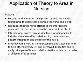 Application of Theory to Area in
Nursing
Practice
• Focuses on the interpersonal processes and therapeutic
relationship that develops between the nurse and client.
• It requires that the nurse attends to the interpersonal
processes that occurs between the nurse and the client
• Interpersonal process is maturing force for personality. It
includes the nurse- client relationship, communication,
pattern integration and the role of the nurse.
• Psychodynamic nursing is understanding one’s own behavior
to help others identify felt and perceived difficulties and to
apply principles of human relations to the problems that arise
at all levels of experience
 