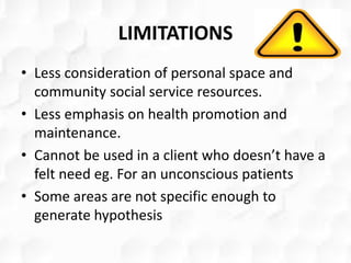 LIMITATIONS
• Less consideration of personal space and
community social service resources.
• Less emphasis on health promotion and
maintenance.
• Cannot be used in a client who doesn’t have a
felt need eg. For an unconscious patients
• Some areas are not specific enough to
generate hypothesis
 