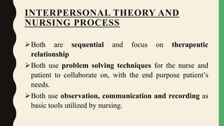 INTERPERSONAL THEORY AND
NURSING PROCESS
Both are sequential and focus on therapeutic
relationship
Both use problem solving techniques for the nurse and
patient to collaborate on, with the end purpose patient’s
needs.
Both use observation, communication and recording as
basic tools utilized by nursing.
 