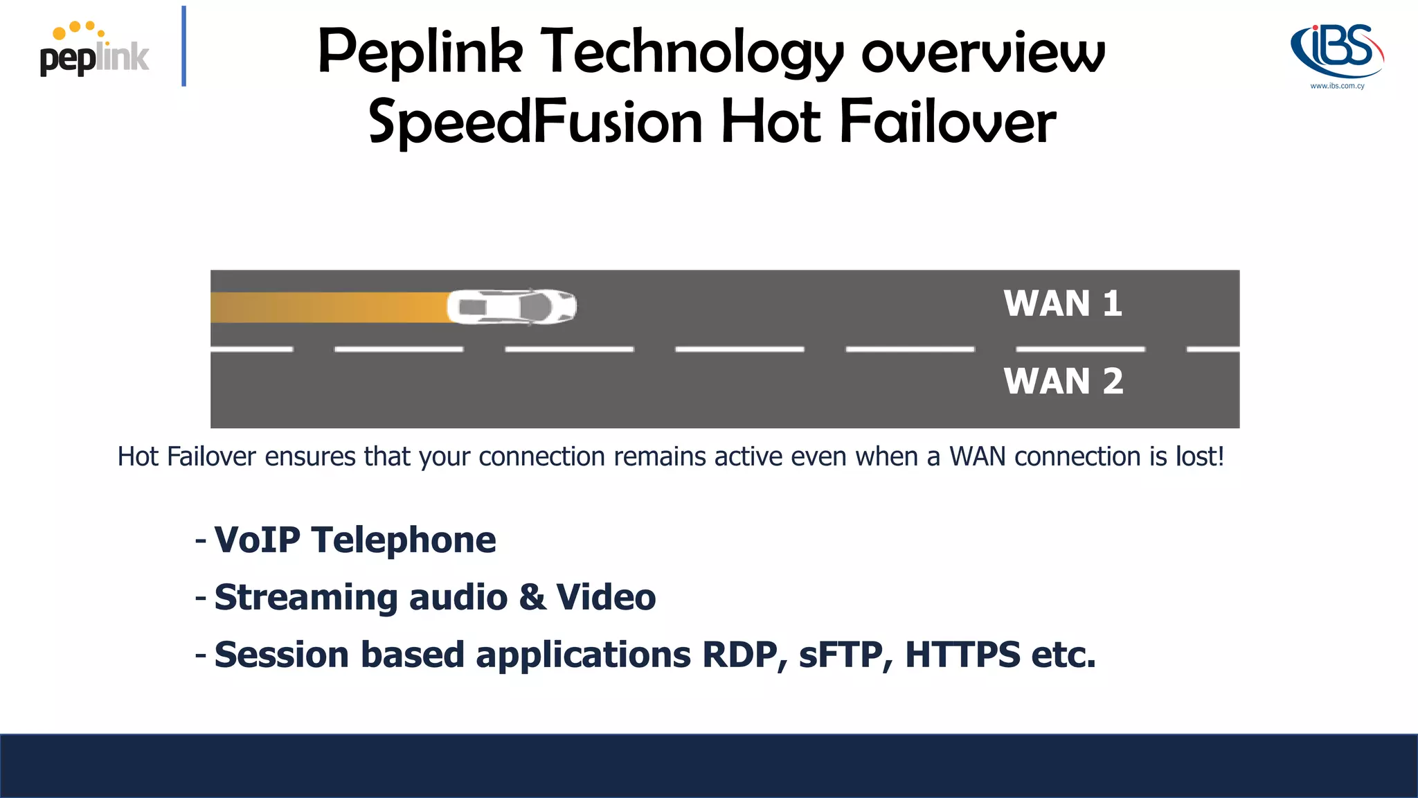 Peplink Technology overview
SpeedFusion Hot Failover
Hot Failover ensures that your connection remains active even when a WAN connection is lost!
- VoIP Telephone
- Streaming audio & Video
- Session based applications RDP, sFTP, HTTPS etc.
WAN 1
WAN 2
 