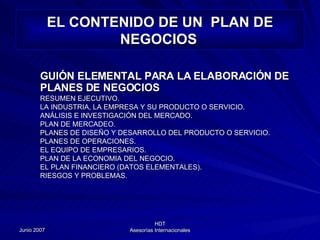EL CONTENIDO DE UN  PLAN DE NEGOCIOS   GUIÓN ELEMENTAL PARA LA ELABORACIÓN DE PLANES DE NEGOCIOS   RESUMEN EJECUTIVO.  LA INDUSTRIA, LA EMPRESA Y SU PRODUCTO O SERVICIO. ANÁLISIS E INVESTIGACIÓN DEL MERCADO. PLAN DE MERCADEO. PLANES DE DISEÑO Y DESARROLLO DEL PRODUCTO O SERVICIO. PLANES DE OPERACIONES. EL EQUIPO DE EMPRESARIOS. PLAN DE LA ECONOMIA DEL NEGOCIO. EL PLAN FINANCIERO (DATOS ELEMENTALES). RIESGOS Y PROBLEMAS. 