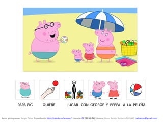 Autor pictogramas: Sergio Palao  Procedencia: http://catedu.es/arasaac/  Licencia: CC (BY-NC-SA). Autora: Nerea Baztán Barbería N-01442 (nebaztan@gmail.com)
PAPA PIG QUIERE JUGAR CON GEORGE Y PEPPA A LA PELOTA
 