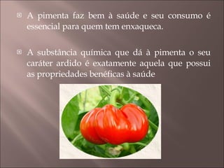 A pimenta faz bem à saúde e seu consumo é essencial para quem tem enxaqueca.  A substância química que dá à pimenta o seu caráter ardido é exatamente aquela que possui as propriedades benéficas à saúde 