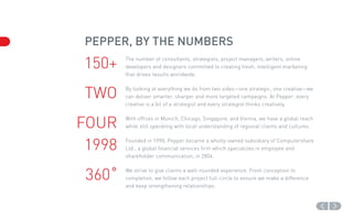 Pepper, by the numbers
150+    The number of consultants, strategists, project managers, writers, online
        developers and designers committed to creating fresh, intelligent marketing
        that drives results worldwide.



 TWO    By looking at everything we do from two sides—one strategic, one creative—we
        can deliver smarter, sharper and more targeted campaigns. At Pepper, every
        creative is a bit of a strategist and every strategist thinks creatively.



FOUR    With offices in Munich, Chicago, Singapore, and Vienna, we have a global reach
        while still operating with local understanding of regional clients and cultures.



 1998   Founded in 1998, Pepper became a wholly-owned subsidiary of Computershare
        Ltd., a global financial services firm which specializes in employee and
        shareholder communication, in 2004.



 360˚   We strive to give clients a well-rounded experience. From conception to
        completion, we follow each project full-circle to ensure we make a difference
        and keep strengthening relationships.
 