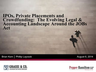 IPOs, Private Placements and 
Crowdfunding: The Evolving Legal & 
Accounting Landscape Around the JOBs 
Act 
Brian Korn │ Phillip Laycock August 6, 2014 
 