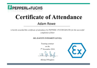 Certificate of Attendance
is hereby awarded this certificate of attendance by PEPPERL+FUCHS GB LTD, for the successful
completion of their
SIL (SAFETY INTEGRITY LEVEL)
Training seminar
on the
7th November 2016
Adam Rowe
Michael Wenglorz
 