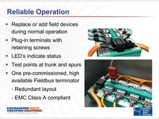 Reliable Operation
 Replace or add field devices
  during normal operation
 Plug-in terminals with
  retaining screws
 LED’s indicate status
 Test points at trunk and spurs
 One pre-commissioned, high
  available Fieldbus terminator
  - Redundant layout
  - EMC Class A compliant
 