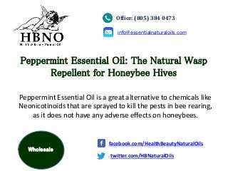 Peppermint Essential Oil: The Natural Wasp
Repellent for Honeybee Hives
Peppermint Essential Oil is a great alternative to chemicals like
Neonicotinoids that are sprayed to kill the pests in bee rearing,
as it does not have any adverse effects on honeybees.
Office: (805) 384 0473
info@essentialnaturaloils.com
twitter.com/HBNaturalOils
facebook.com/HealthBeautyNaturalOils
Wholesale
 