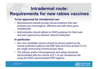 Health Statistics and Informatics
Intradermal route:
Requirements for new rabies vaccines
To be approved for intradermal use:
•  Manufacturers should provide clinical evidence that new
products are immunogenic, effective and safe when given
intradermally
•  Administration should adhere to WHO guidance for that route
and prior approval by relevant national authorities
In particular:
•  Any new candidate vaccine should be proven potent by the
mouse protection potency test (NIH test) and have at least 2.5 IU
per single immunizing (intramuscular) dose
•  The efficacy and/or immunogenicity and safety should be
demonstrated with the volume of 0.1 ml per intradermal site
using the WHO recommended PEP regimen
Updated 2014
 
