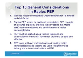 Health Statistics and Informatics
Top 10 General Considerations
in Rabies PEP
1.  Wounds must be immediately washed/flushed for 15 minutes
and disinfected
2.  Rabies PEP should be instituted immediately. PEP consists
of a course of potent, effective rabies vaccine that meets
WHO recommendations and administration of rabies
immunoglobulin
3.  PEP must be applied using vaccine regimens and
administration routes that have been proven to be safe and
effective
4.  PEP does not have contraindications if purified rabies
immunoglobulin and vaccine are used. Pregnancy and
infancy are not contraindications to PEP
Updated 2014
 