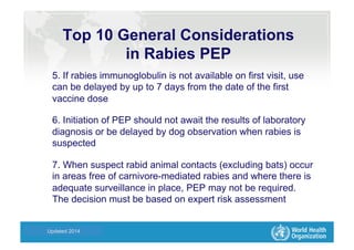 Health Statistics and Informatics
5. If rabies immunoglobulin is not available on first visit, use
can be delayed by up to 7 days from the date of the first
vaccine dose
6. Initiation of PEP should not await the results of laboratory
diagnosis or be delayed by dog observation when rabies is
suspected
7. When suspect rabid animal contacts (excluding bats) occur
in areas free of carnivore-mediated rabies and where there is
adequate surveillance in place, PEP may not be required.
The decision must be based on expert risk assessment
Updated 2014
Top 10 General Considerations
in Rabies PEP
 