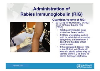 Health Statistics and Informatics
Quantities/volume of RIG:
•  20 IU/ kg for Human RIG (HRIG)
or 40 IU/ kg of Equine RIG
(ERIG)
•  Total recommended dose
should not be exceeded
•  If RIG is unavailable on first
visit, its administration can be
delayed by a maximum of 7
days from the date of first
vaccine dose
•  If the calculated dose of RIG
is insufficient to infiltrate all
wounds, sterile saline may be
used to dilute it 2 to 3 fold to
permit thorough infiltration
Updated 2014
Administration of
Rabies Immunoglobulin (RIG)
 