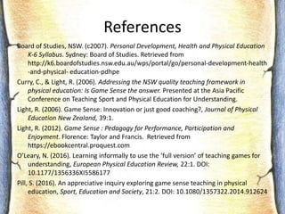 References
Board of Studies, NSW. (c2007). Personal Development, Health and Physical Education
K‐6 Syllabus. Sydney: Board of Studies. Retrieved from
http://k6.boardofstudies.nsw.edu.au/wps/portal/go/personal‐development‐health
‐and‐physical‐ education‐pdhpe
Curry, C., & Light, R. (2006). Addressing the NSW quality teaching framework in
physical education: Is Game Sense the answer. Presented at the Asia Pacific
Conference on Teaching Sport and Physical Education for Understanding.
Light, R. (2006). Game Sense: Innovation or just good coaching?, Journal of Physical
Education New Zealand, 39:1.
Light, R. (2012). Game Sense : Pedagogy for Performance, Participation and
Enjoyment. Florence: Taylor and Francis. Retrieved from
https://ebookcentral.proquest.com
O’Leary, N. (2016). Learning informally to use the ‘full version’ of teaching games for
understanding, European Physical Education Review, 22:1. DOI:
10.1177/1356336XI5586177
Pill, S. (2016). An appreciative inquiry exploring game sense teaching in physical
education, Sport, Education and Society, 21:2. DOI: 10.1080/1357322.2014.912624
 