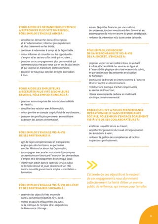 POUR AIDER LES DEMANDEURS D’EMPLOI
À RETROUVER PLUS VITE UN EMPLOI,
PÔLE EMPLOI S’ENGAGE AINSI À :
• simplifier les démarches liées à l’inscription
et à l’indemnisation ; informer plus rapidement
et plus clairement sur les droits ;
• continuer à indemniser à temps et de façon fiable ;
• mieux informer et conseiller sur les opportunités
d’emploi et les secteurs d’activité qui recrutent ;
• proposer un accompagnement plus personnalisé qui
commence plus vite pour ceux qui en ont le plus besoin
et qui favorise les transitions professionnelles ;
• proposer de nouveaux services en ligne accessibles
à tous.
POUR AIDER LES EMPLOYEURS
À RECRUTER PLUS VITE SELON LEURS
BESOINS, PÔLE EMPLOI S’ENGAGE À :
• proposer aux entreprises des interlocuteurs dédiés
et réactifs ;
• simplifier leur relation avec Pôle emploi ;
• mieux prendre en compte la spécificité de leurs besoins ;
• proposer des profils plus pertinents en mobilisant
au besoin des actions de formation.
PÔLE EMPLOI S’ENGAGE VIS-À-VIS
DE SES PARTENAIRES À :
• agir de façon complémentaire et transparente,
au plus près des territoires, en particulier
avec les Missions locales et les Cap emploi ;
• accompagner avec eux les mutations économiques
des territoires en favorisant l’insertion des demandeurs
d’emploi et le développement économique local ;
• inscrire son action dans le cadre du service public
de l’emploi rénové et jouer pleinement son rôle
dans la nouvelle gouvernance emploi – orientation –
formation.
PÔLE EMPLOI S’ENGAGE VIS-À-VIS DE L’ÉTAT
ET DES PARTENAIRES SOCIAUX À :
• atteindre les objectifs fixés ensemble
dans la convention tripartite 2015-2018 ;
• mettre en œuvre efficacement les outils
de la politique de l’emploi et les dispositions
de l’Assurance chômage ;
• assurer l’équilibre financier par une maîtrise
des dépenses, tout en investissant dans l’avenir et en
accompagnant la mise en œuvre du projet stratégique ;
• renforcer la prévention et la lutte contre la fraude.
PÔLE EMPLOI, CONSCIENT
DE SA RESPONSABILITÉ VIS-À-VIS
DE LA SOCIÉTÉ, S’ENGAGE À :
• proposer un service accessible à tous, en veillant
à la fois à l’accessibilité des services en ligne et
à l’accessibilité physique des sites recevant du public,
en particulier pour les personnes en situation
de handicap ;
• promouvoir la diversité en interne comme à l’externe
et lutter contre les discriminations ;
• mobiliser une politique d’achats responsables
au service de l’insertion ;
• réduire son empreinte carbone en maîtrisant
son impact environnemental.
PARCE QU’IL N’Y A PAS DE PERFORMANCE
OPÉRATIONNELLE SANS PERFORMANCE
SOCIALE, PÔLE EMPLOI S’ENGAGE ÉGALEMENT
VIS-À-VIS DE SES COLLABORATEURS À :
• améliorer la qualité de vie au travail ;
• simplifier l’organisation du travail et l’appropriation
des évolutions à venir ;
• renforcer la gestion des compétences et faciliter
les parcours professionnels.
L’atteinte de ces objectifs et le respect
de ces engagements nous donneront
collectivement la fierté d’être un service
public de référence, qui innove pour l’emploi.
9
 