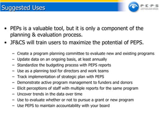 PEPs is a valuable tool, but it is only a component of the planning & evaluation process.  JF&CS will train users to maximize the potential of PEPS. Create a program planning committee to evaluate new and existing programs Update data on an ongoing basis, at least annually Standardize the budgeting process with PEPS reports Use as a planning tool for directors and work teams Track implementation of strategic plan with PEPS Demonstrate active program management to funders and donors Elicit perceptions of staff with multiple reports for the same program Uncover trends in the data over time Use to evaluate whether or not to pursue a grant or new program Use PEPS to maintain accountability with your board Suggested Uses 