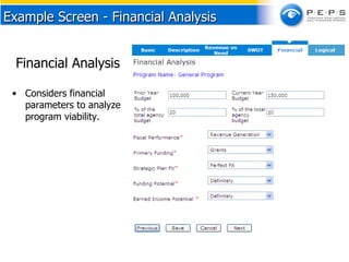 Example Screen - Financial Analysis Financial Analysis  Considers financial parameters to analyze program viability. 