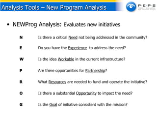 NEWProg Analysis :  Evaluates new initiatives N Is there a critical  Need  not being addressed in the community?  E   Do you have the  Experience   to address the need? W   Is the idea  Workable  in the current infrastructure? P Are there opportunities for  Partnership ? R What  Resources  are needed to fund and operate the initiative? O Is there a substantial  Opportunity  to impact the need? G Is the  Goal  of initiative consistent with the mission? Analysis Tools – New Program Analysis 